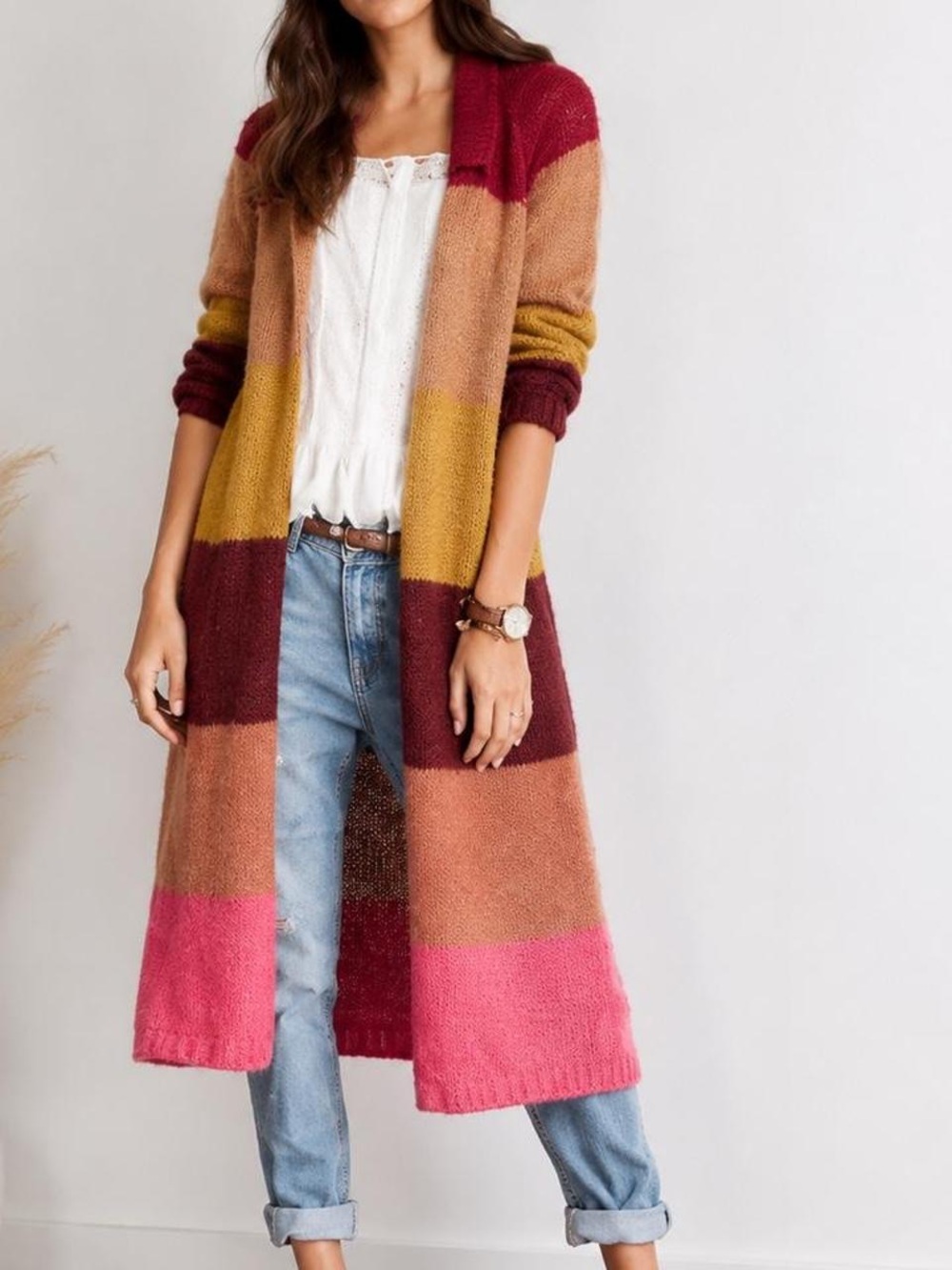 Free People Long Colorblock Open-Front Cardigan in Pink, Burgundy, Mustard, Tan